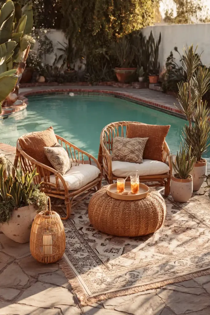 Stunning Backyard Pool Lounge Decor Ideas 7 Boho backyard pool lounge decor with rattan chairs, layered rugs, and patterned cushions