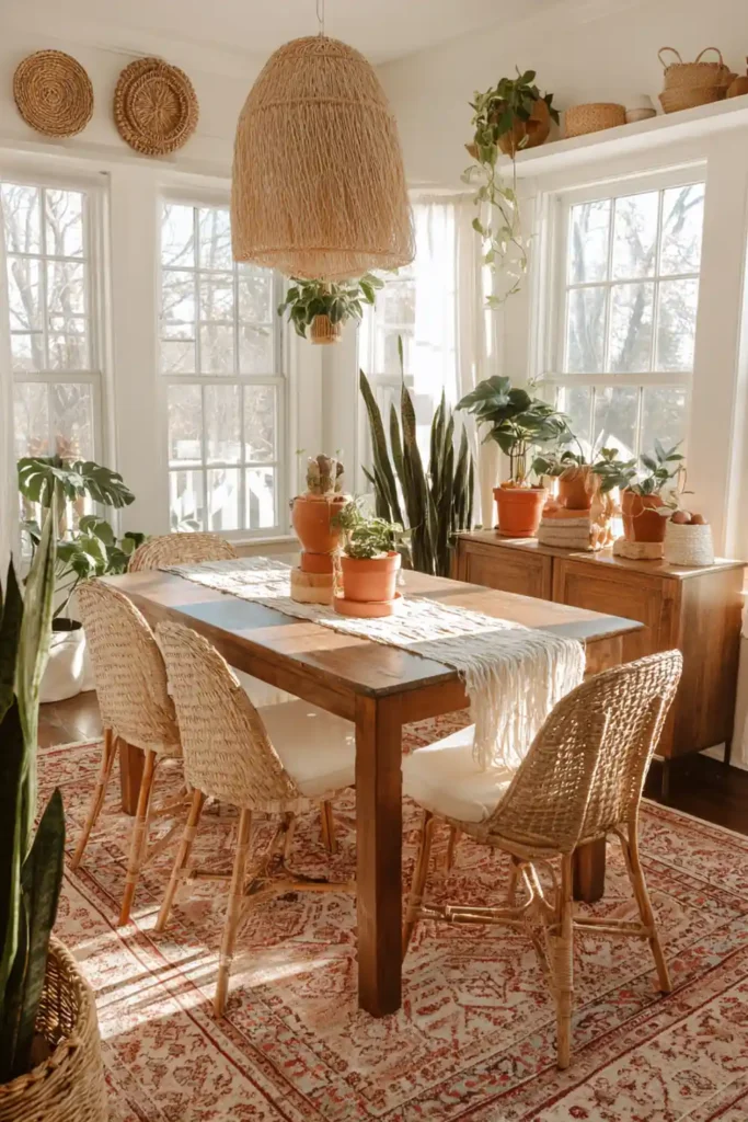 Beautiful Sunroom Dining Room Design Ideas 8 Boho sunroom dining room with wicker chairs, patterned rug, and indoor plants