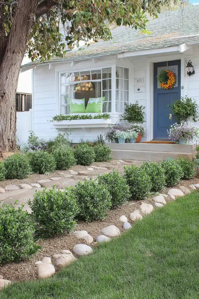 front yard with neatly trimmed boxwood shrubs creating a clean look
