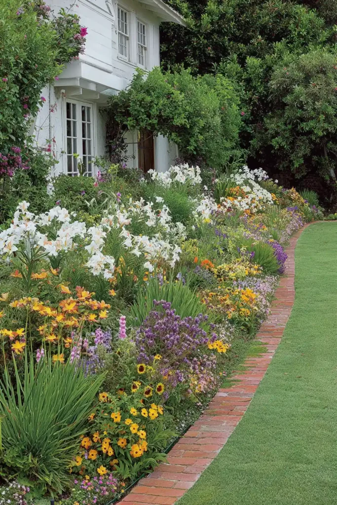 garden flowerbed bordered with curved brick edging