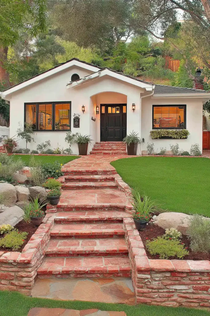 front yard with brick retaining walls and steps creating layered landscaping