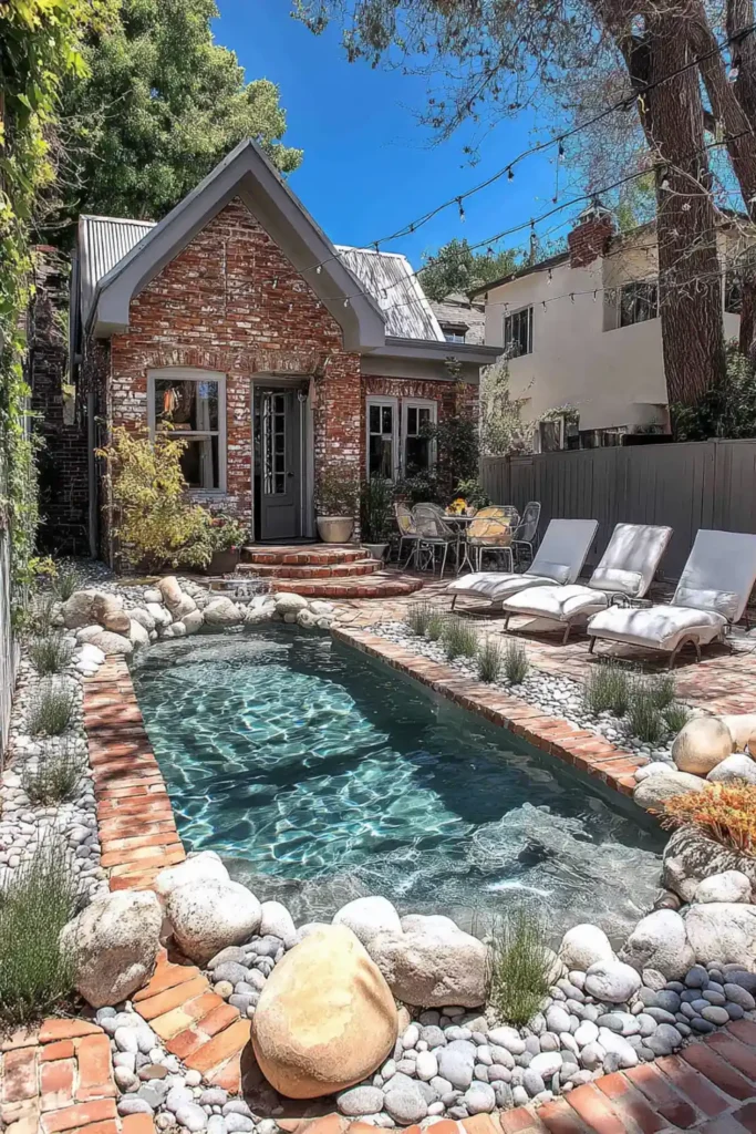 Above-ground pool framed with brick and stone border in a natural backyard