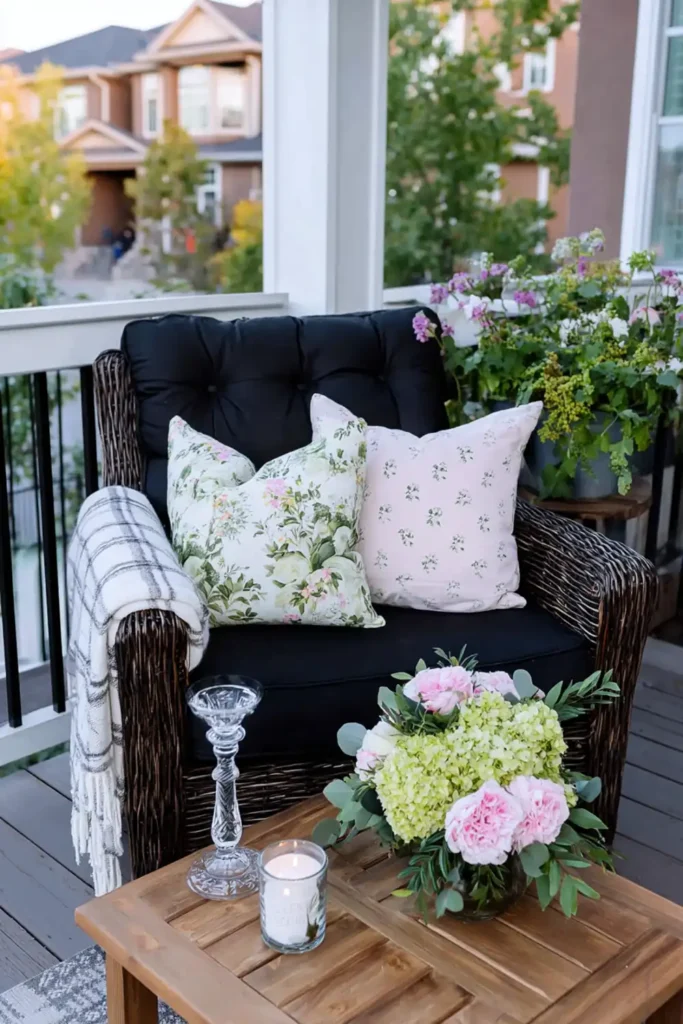 Glass candlestick and small floral arrangement on a porch table in warm evening light