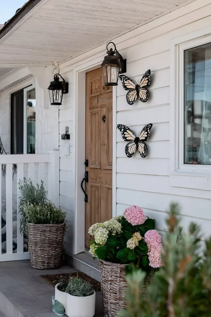 Neutral ceramic butterfly decorations on a porch wall with soft natural light