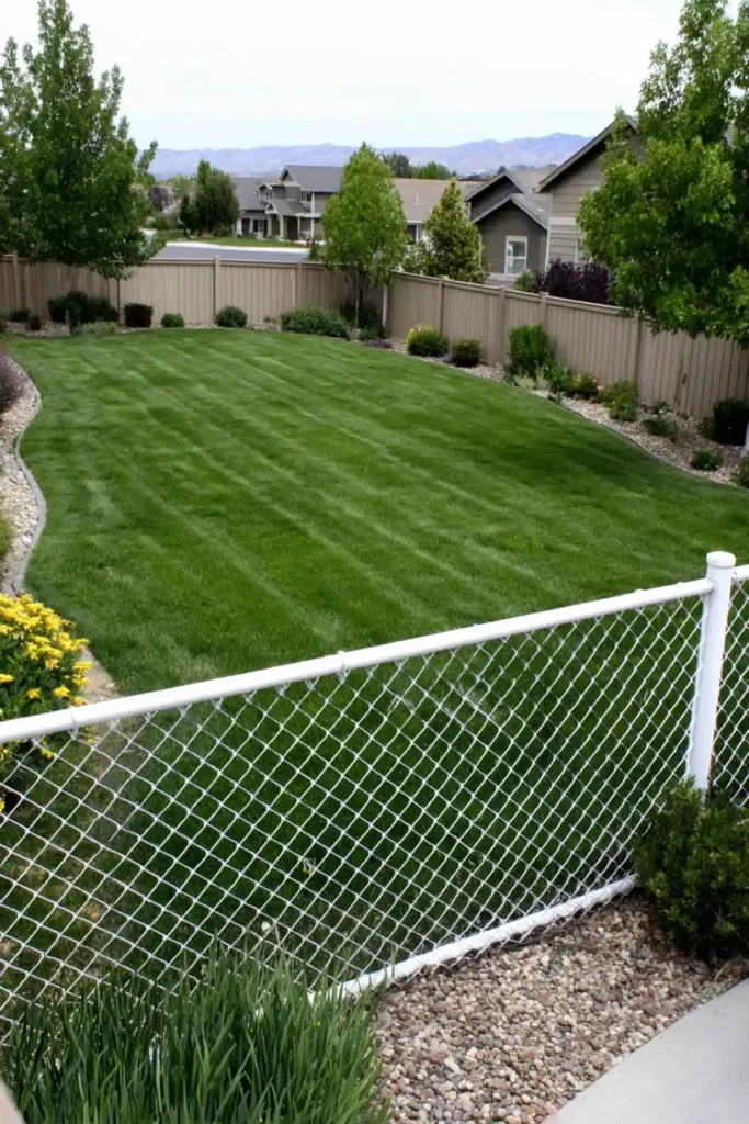 33 Privacy Fence Ideas That Make Your Yard Feel More Peaceful 13 Chain link fence with woven plastic slats creating a privacy screen