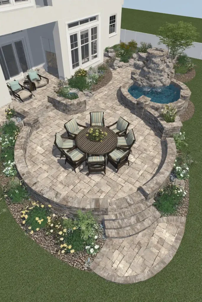 Smart Small Patio Designs That Enhance Space and Style 9 Circular patio with curved dining area and water feature surrounded by greenery