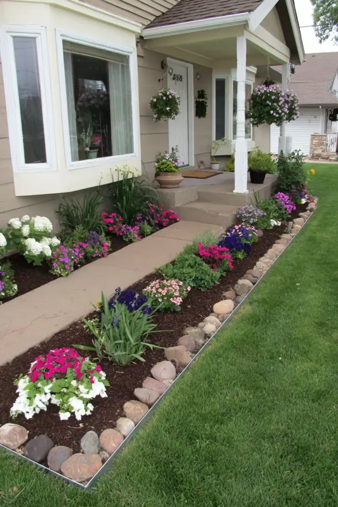 front yard with clean edging separating grass and flower beds