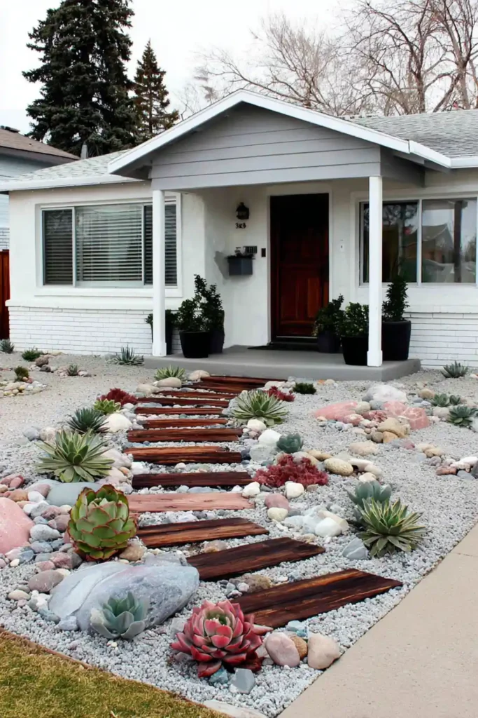 low-water front yard with gravel, stone, and minimal drought-tolerant plants