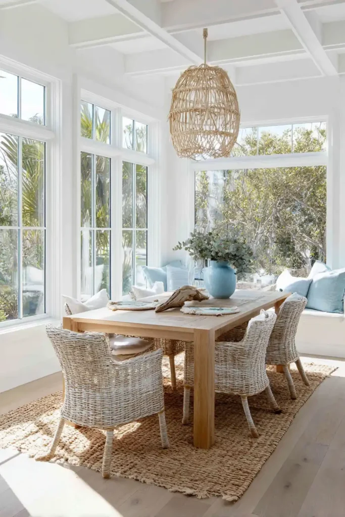 Beautiful Sunroom Dining Room Design Ideas 5 Coastal style sunroom dining room with rattan chairs and light wood table