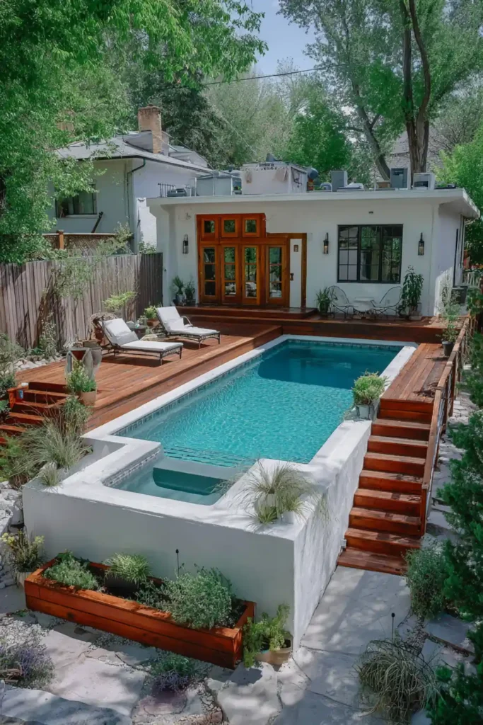 Above-ground pool deck with matching wood tones and clean architectural lines