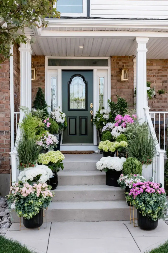 Colorful front door with matching planters filled with blooming greenery on a clean porch