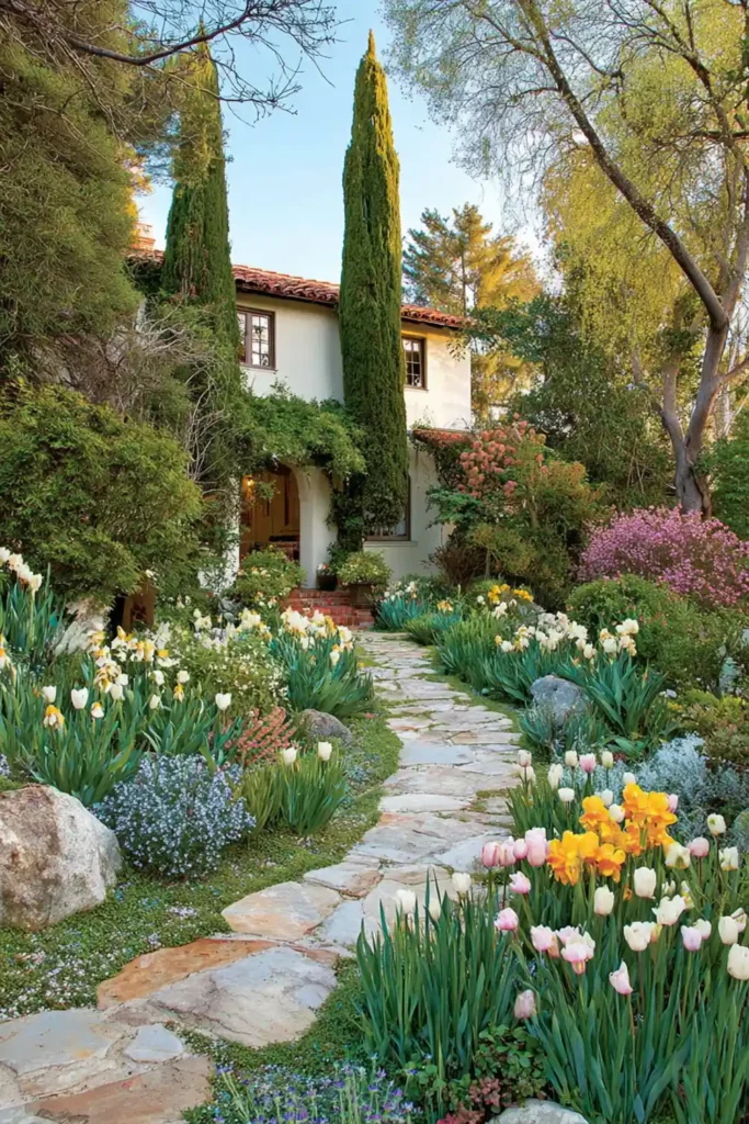 garden pathway surrounded by colorful flowers and layered plants