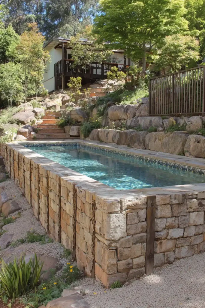 Above Ground Pool Retaining Wall Ideas That Make Your Backyard Feel Finished 7 Concrete block retaining wall supporting an above ground pool on a sloped backyard