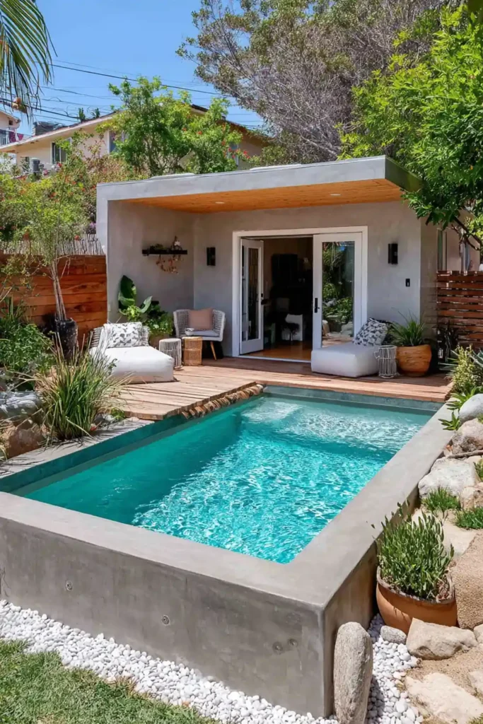 Modern above-ground pool with clean concrete surround and minimal design