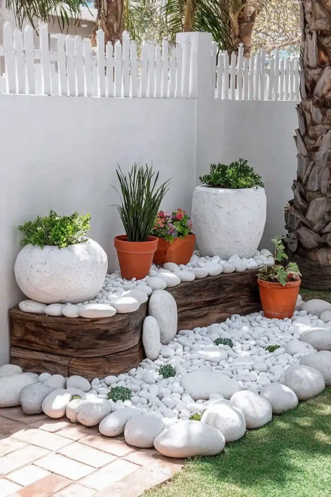 Corner garden filled with pebbles hiding plant containers and creating a clean layout
