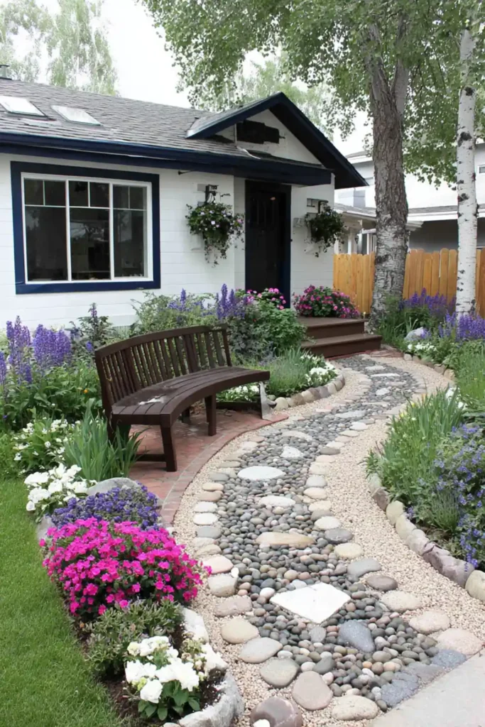 cottage garden front yard with stone path and small bench surrounded by flowers