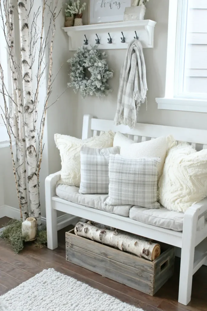 Fall Home Decor Tour: Cozy Neutral Ideas for Every Room 3 Cozy fall entryway with linen bench, soft pillows, and birch logs for a natural look