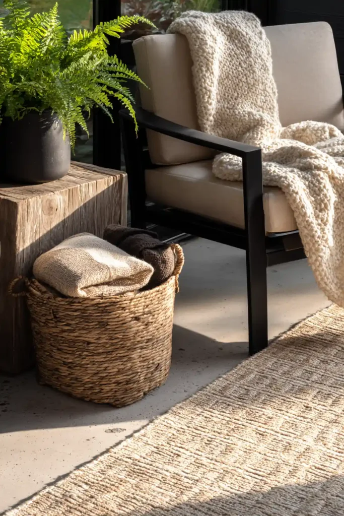Cozy Fall Patio Styling Ideas for a Warm Outdoor Retreat 5 Fall outdoor patio styling with jute rug, knit throw, wicker basket, and layered textures