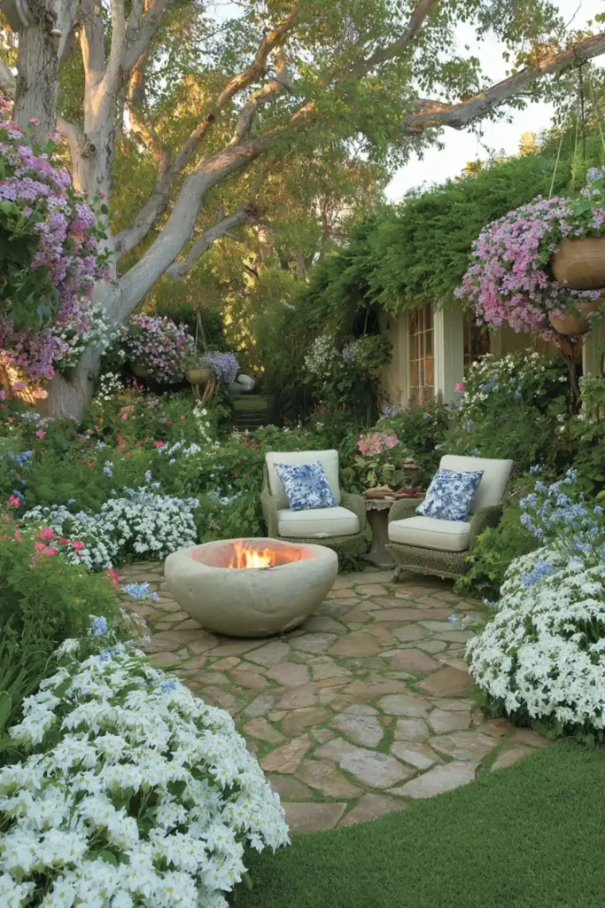 garden seating area with table chairs and surrounding plants