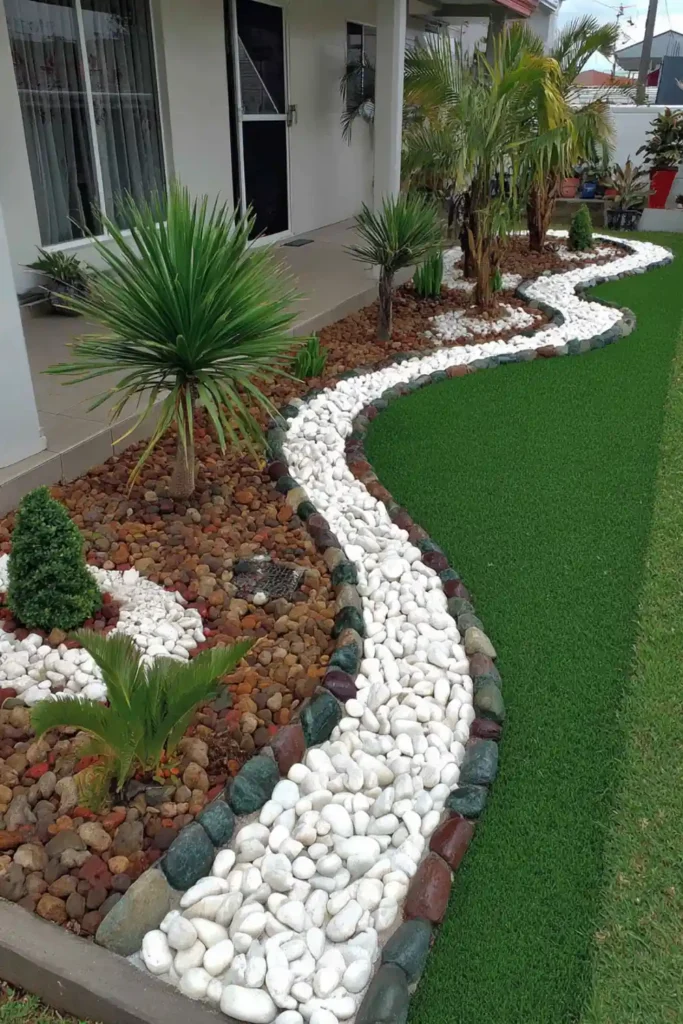 Curved garden border with small white pebbles creating a soft transition between lawn and planting area