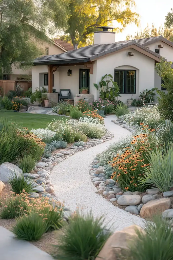 White Stone Landscaping Ideas for a Clean, Modern Outdoor Space 3 Curved white gravel path surrounded by flowers in a backyard garden