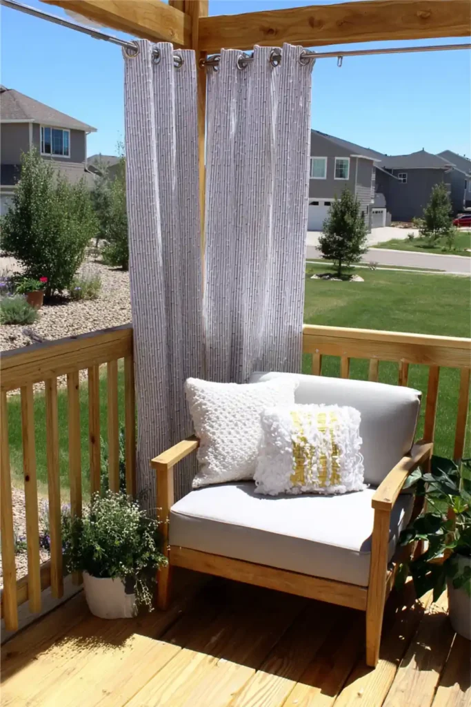33 Privacy Fence Ideas That Make Your Yard Feel More Peaceful 32 Outdoor deck with fabric privacy curtains creating a secluded seating area