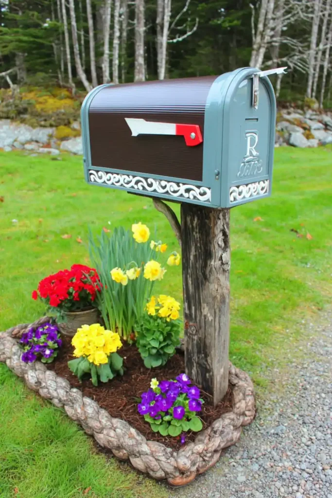 mailbox with simple flowers planted around its base