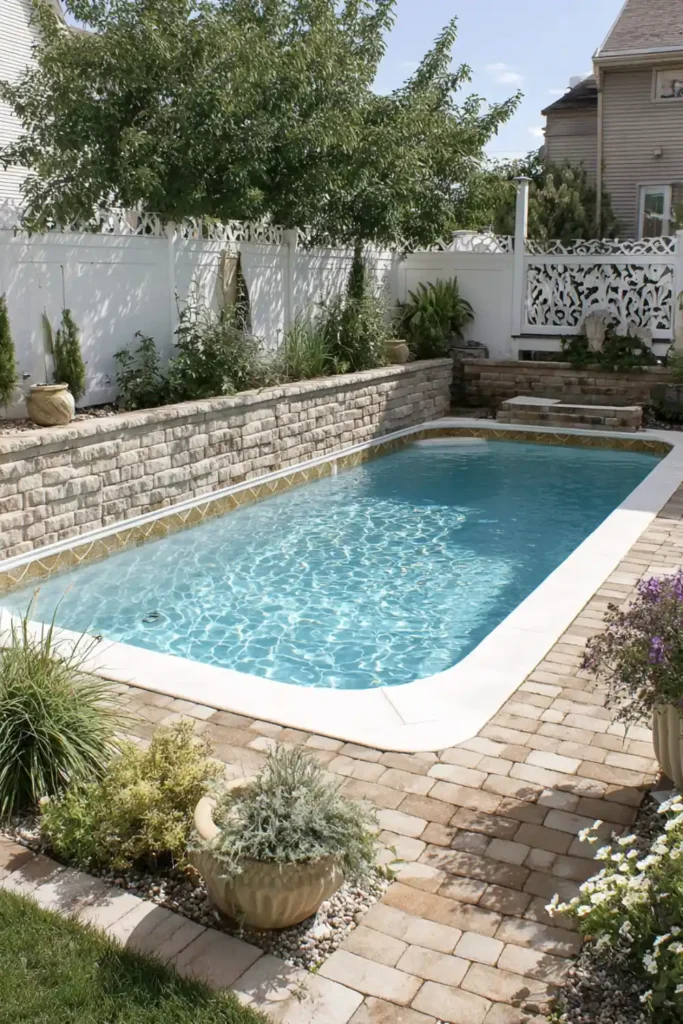 Above Ground Pool Retaining Wall Ideas That Make Your Backyard Feel Finished 10 Above ground pool bordered by a decorative brick retaining wall with a herringbone pattern