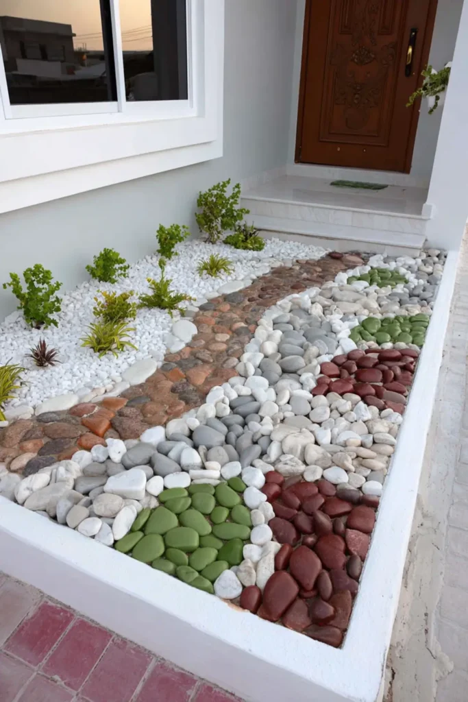 Patterned garden surface using different colored pebbles and simple outlines