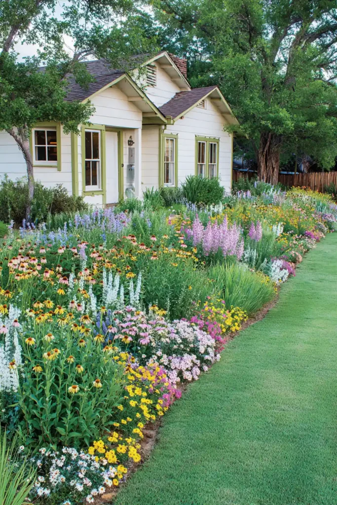 flowerbed with purple coneflowers and globe thistle in a low maintenance garden