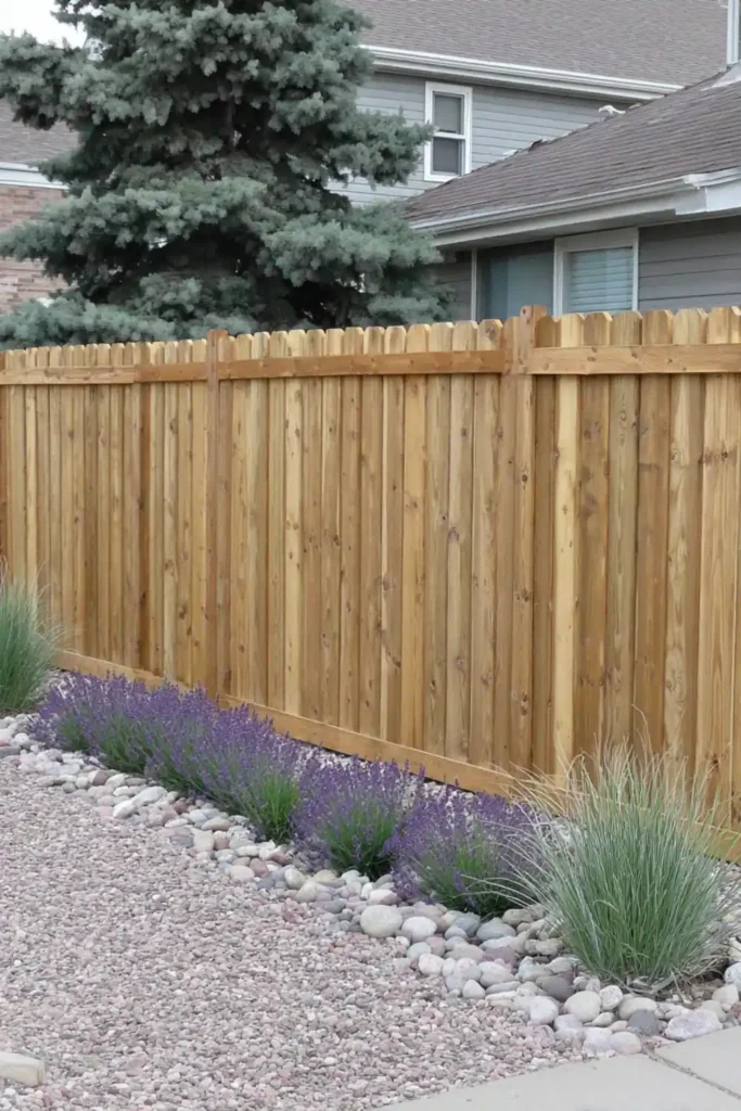 33 Privacy Fence Ideas That Make Your Yard Feel More Peaceful 5 Vertical wood privacy fence with dog-eared board tops and ornamental grasses along the base