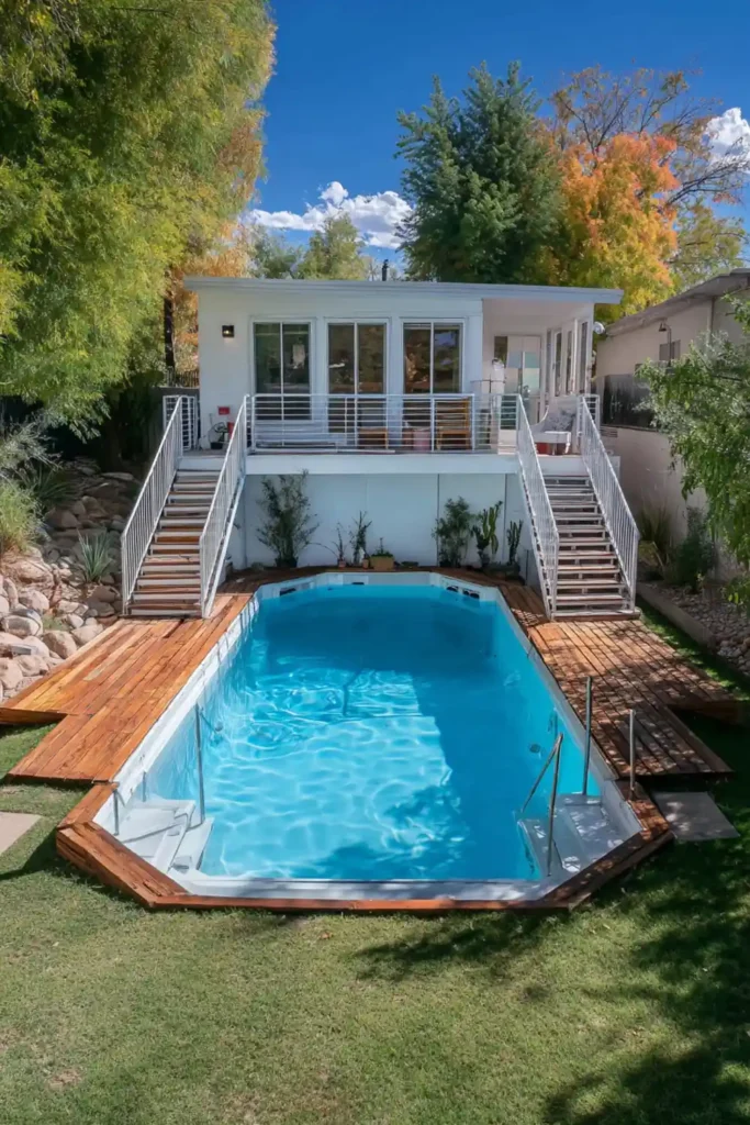 Above-ground pool deck with matching staircases on both sides creating symmetry
