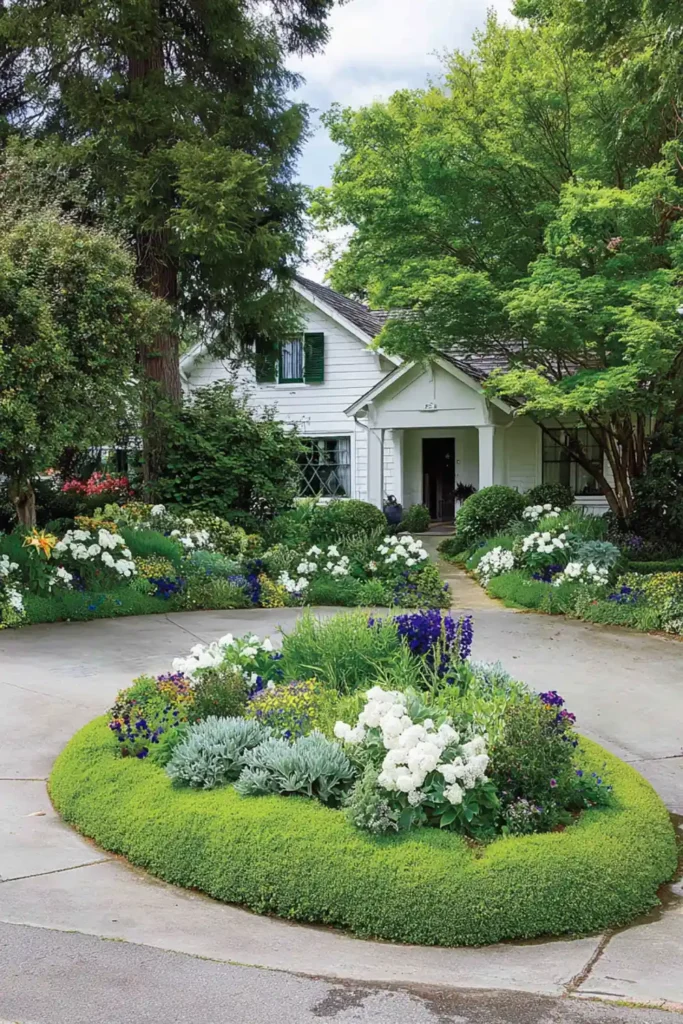driveway with circular landscaped island filled with boxwood hedges and colorful flowers