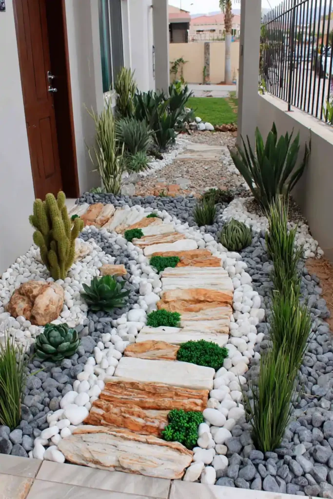 Walkway with stone tiles and pebbles surrounded by drought-tolerant plants