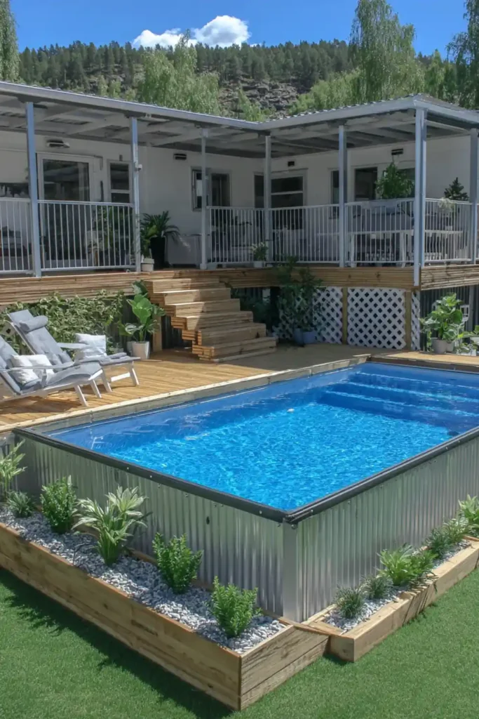 raised deck above ground pool with lattice panels hiding storage space