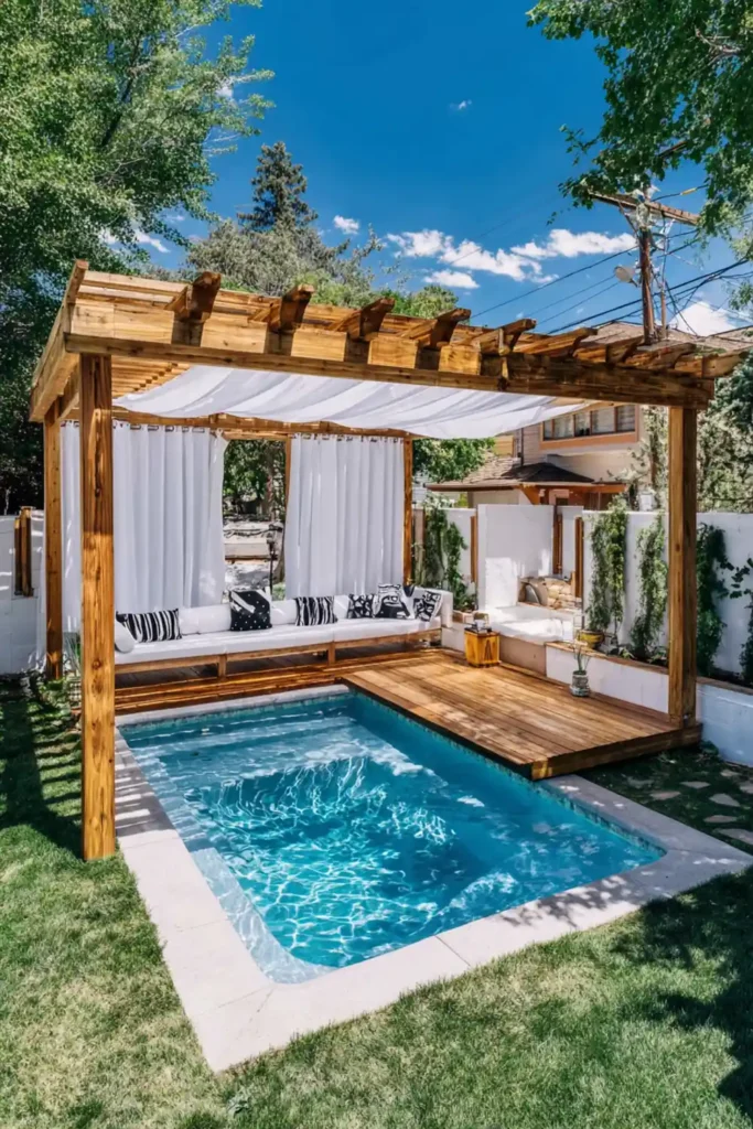 Above-ground pool deck with a fabric canopy providing comfortable shade