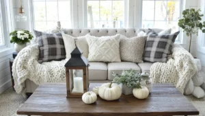 Neutral fall home decor with cozy textures, white pumpkins, and warm natural light in a lived-in space