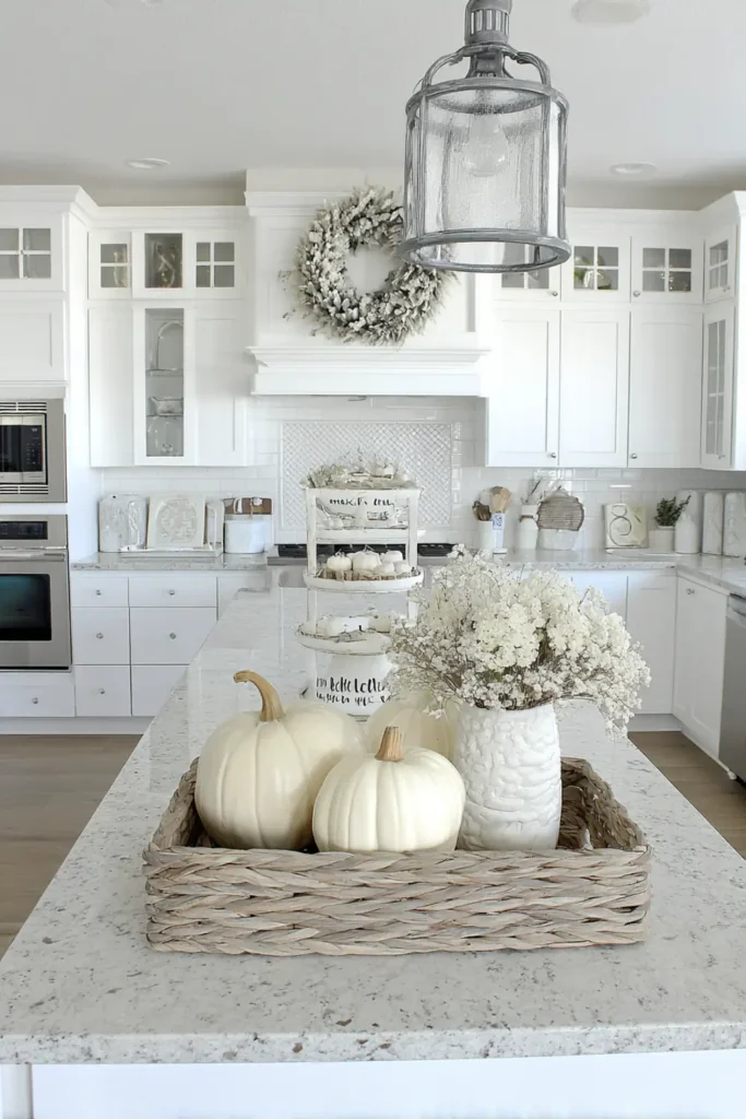 Fall Home Decor Tour: Cozy Neutral Ideas for Every Room 4 Fall kitchen island decorated with ceramic pumpkins, tiered tray, and magnolia wreath
