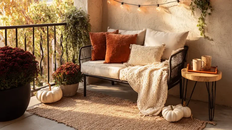Cozy fall outdoor patio styling with layered pillows, pumpkins, jute rug, and warm string lights on small apartment patio