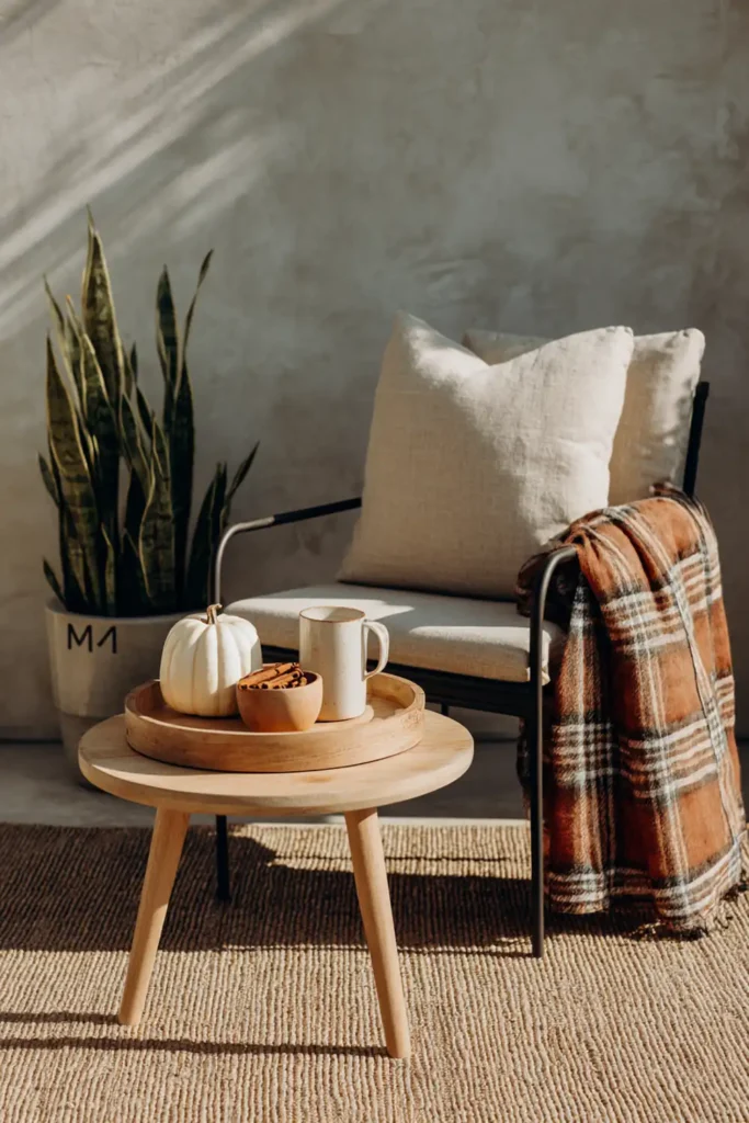 Cozy Fall Patio Styling Ideas for a Warm Outdoor Retreat 8 Cozy fall outdoor patio styling with coffee tray, plaid throw, and pumpkin