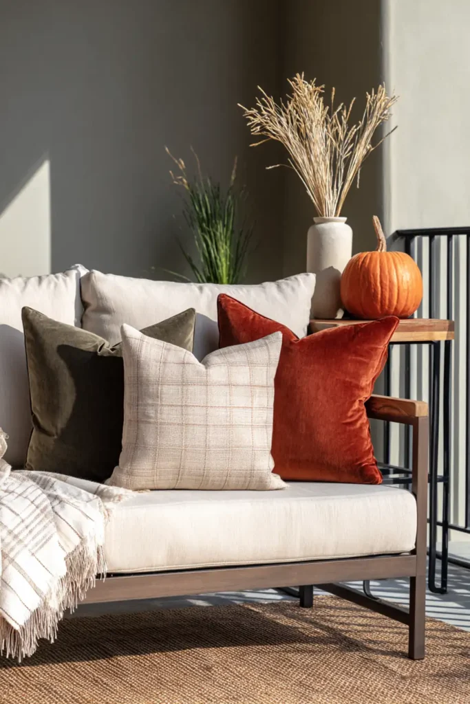 Cozy Fall Patio Styling Ideas for a Warm Outdoor Retreat 4 Fall outdoor patio styling with rust velvet pillows, olive accents, and neutral base seating