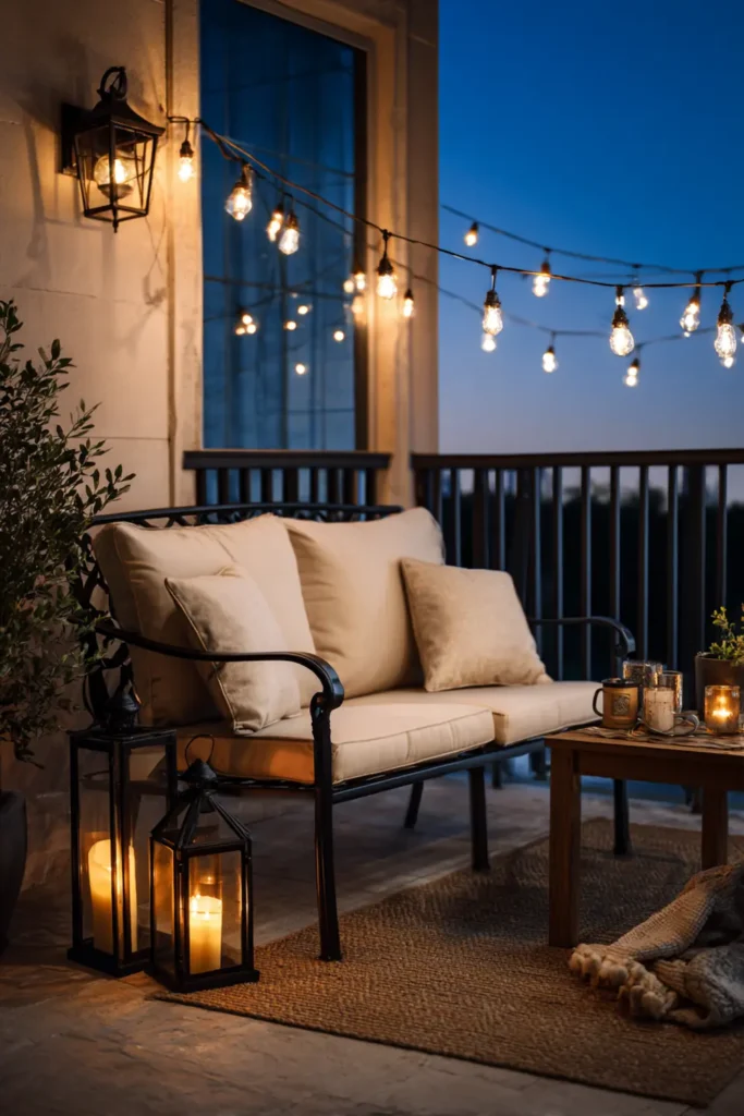 Cozy Fall Patio Styling Ideas for a Warm Outdoor Retreat 7 Fall outdoor patio styling at dusk with warm string lights and lanterns