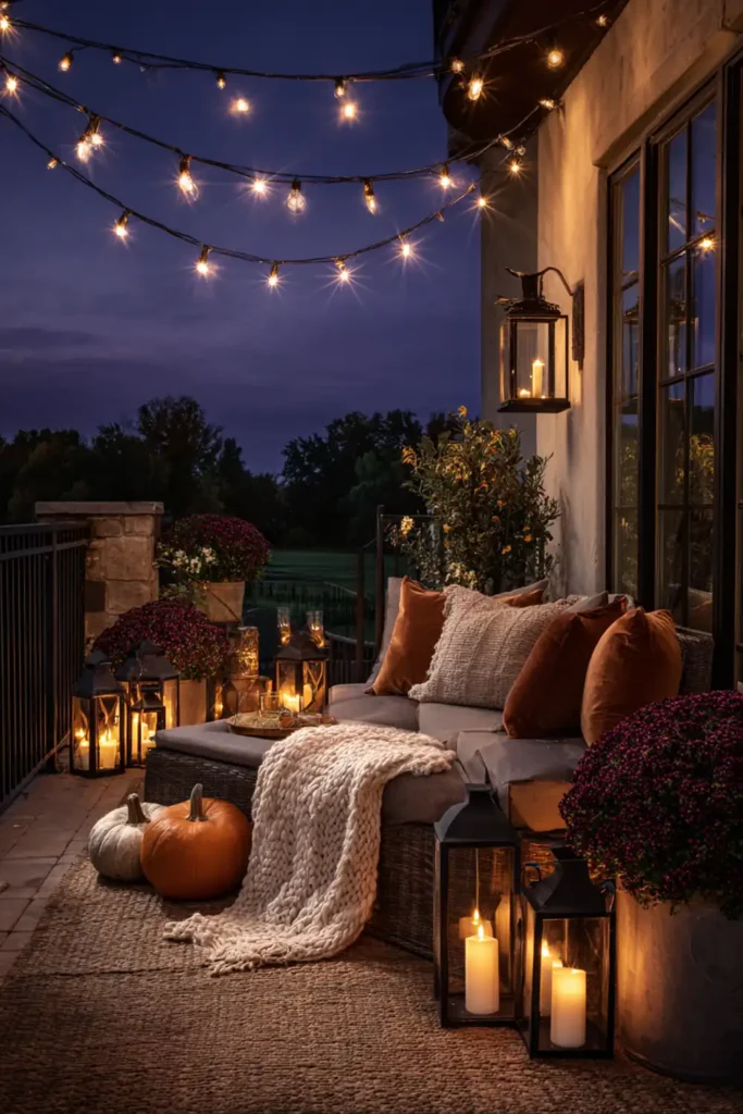 Cozy Fall Patio Styling Ideas for a Warm Outdoor Retreat 12 Fall outdoor patio styling at twilight with glowing string lights and pumpkins