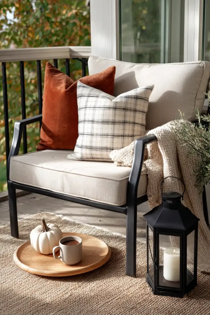 Cozy Fall Patio Styling Ideas for a Warm Outdoor Retreat 2 Fall outdoor patio styling cozy corner with rust velvet pillows, knit throw, pumpkins and lantern