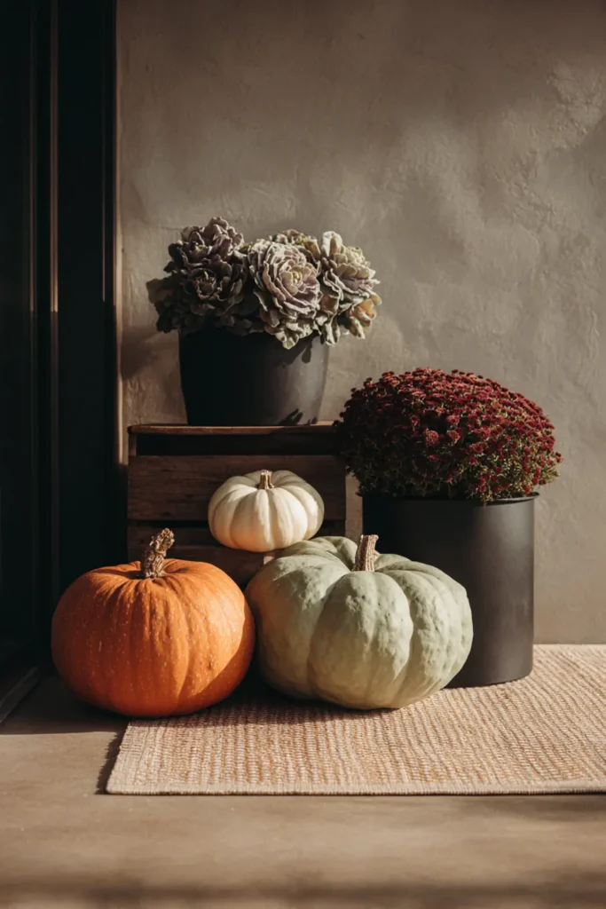 Cozy Fall Patio Styling Ideas for a Warm Outdoor Retreat 6 Elevated pumpkin and planter arrangement for fall outdoor patio styling