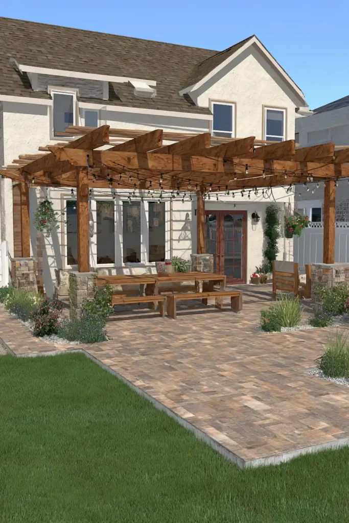 Smart Small Patio Designs That Enhance Space and Style 7 Family patio with picnic table, dining area, and pergola lighting for a practical outdoor setup
