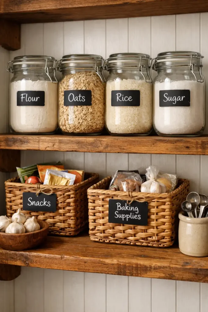 13 Farmhouse Pantry Organization Ideas for a Charming Kitchen 10 farmhouse pantry organization with chalkboard labels on jars and baskets