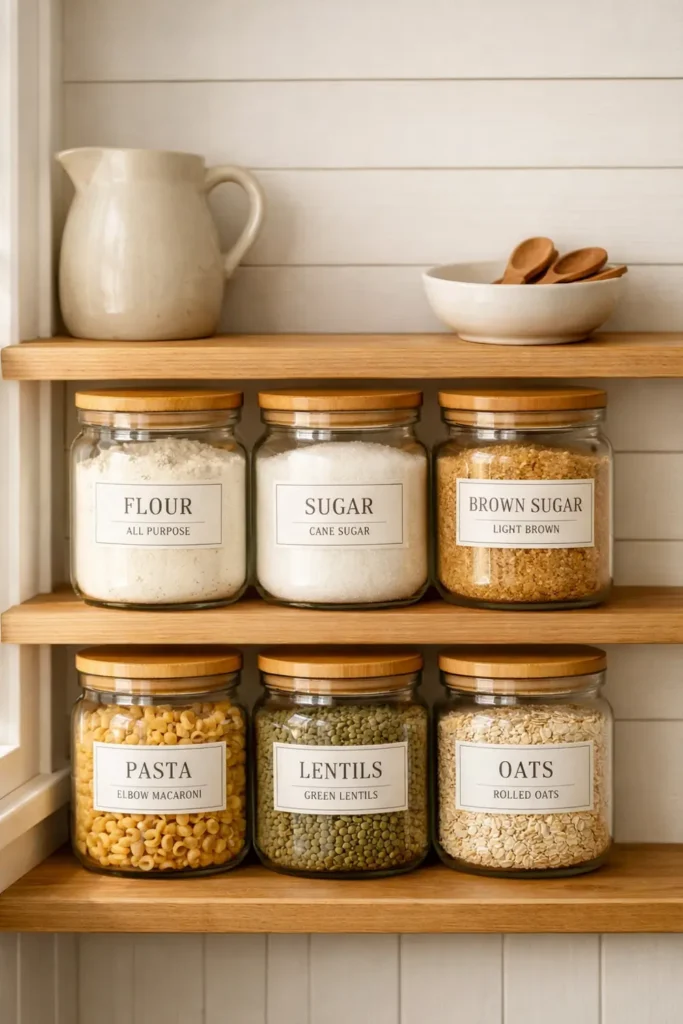 13 Farmhouse Pantry Organization Ideas for a Charming Kitchen 3 farmhouse pantry organization using matching glass jars for dry goods