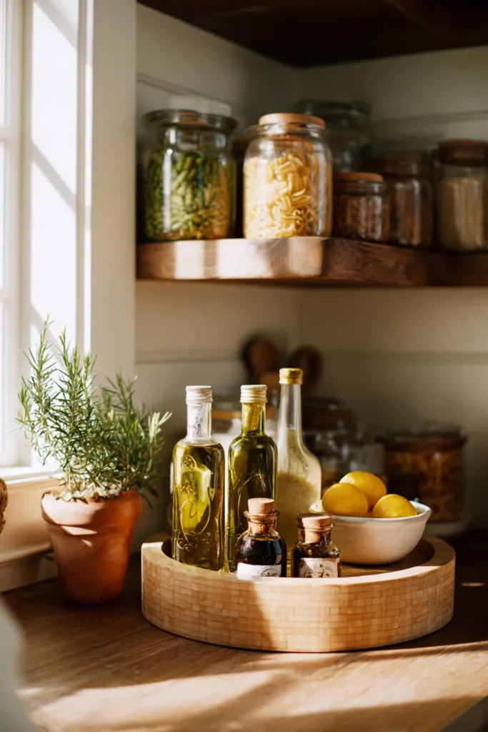 13 Farmhouse Pantry Organization Ideas for a Charming Kitchen 11 farmhouse pantry organization using wooden lazy Susan for oils and sauces