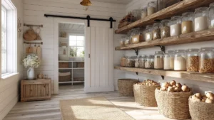farmhouse pantry organization with wood shelves glass jars and woven baskets